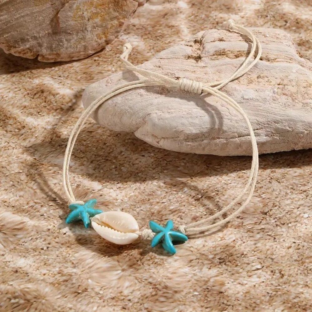 Nautical-Themed Bohemian Handmade Knotted Bracelet Set w Shell & Starfish